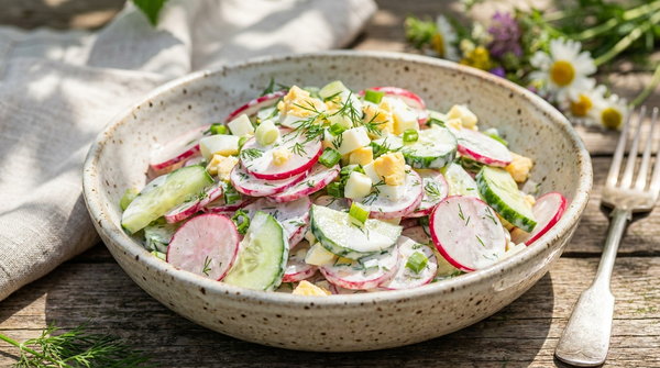 Sommerlicher Radieschensalat mit Gurke, Ei und Sauerrahmsoße