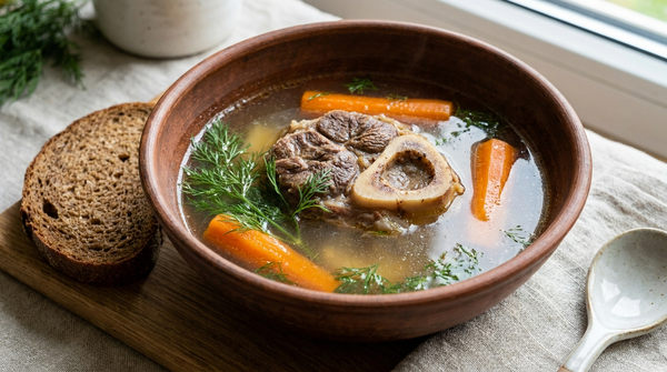 Russische Rindfleischsuppe mit Knochen (Buljon)