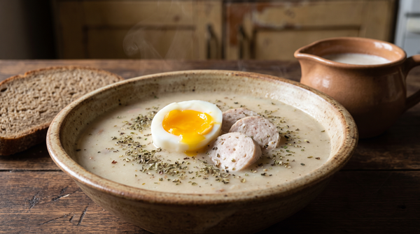 Żurek – polnische Sauermehlsuppe mit Ei und Wurst