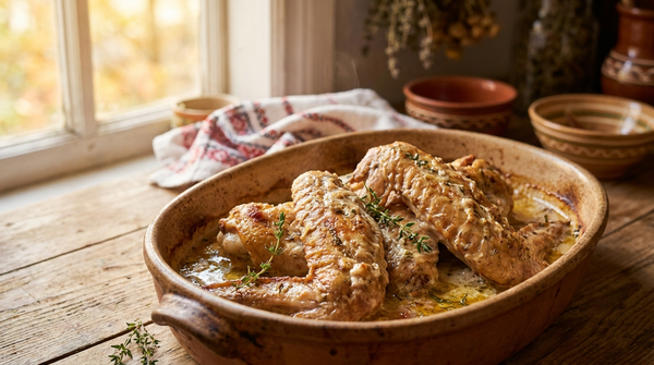 Gebackene Putenflügel mit Knoblauch und Sauerrahm – saftiges Ofengericht nach Hausart
