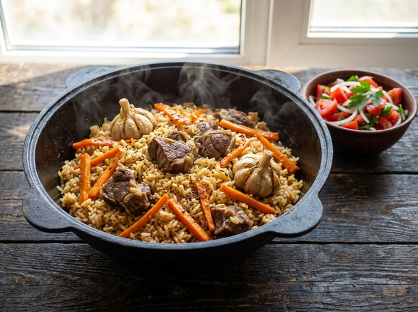 Plov – klassisches usbekisches Reisgericht mit Lamm