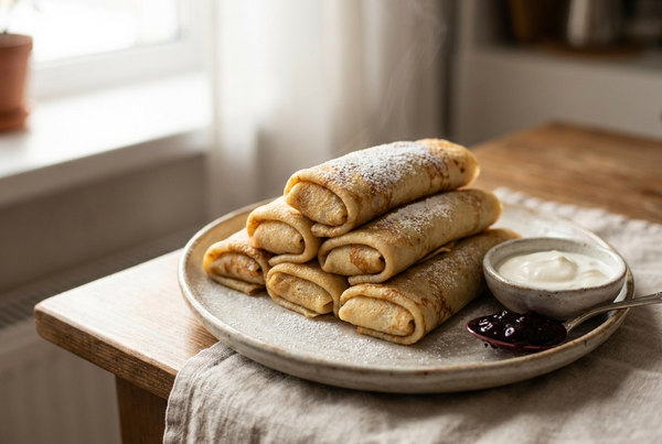 Blini mit Quark-Füllung – russische Pfannkuchen zum Einrollen