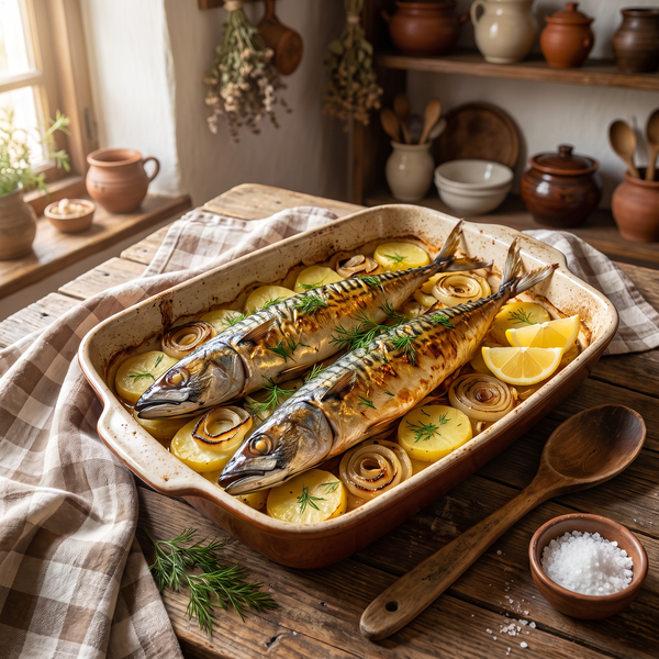 Gebackene Makrele mit Kartoffeln und Zwiebeln – klassisches Rezept aus dem Ofen