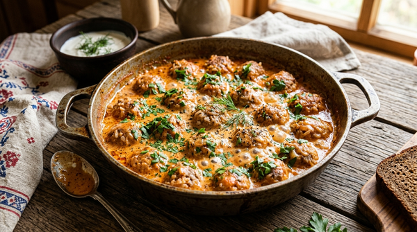 Tefteli Rezept – russische Hackfleischbällchen mit Reis in Tomaten-Sauerrahm-Soße