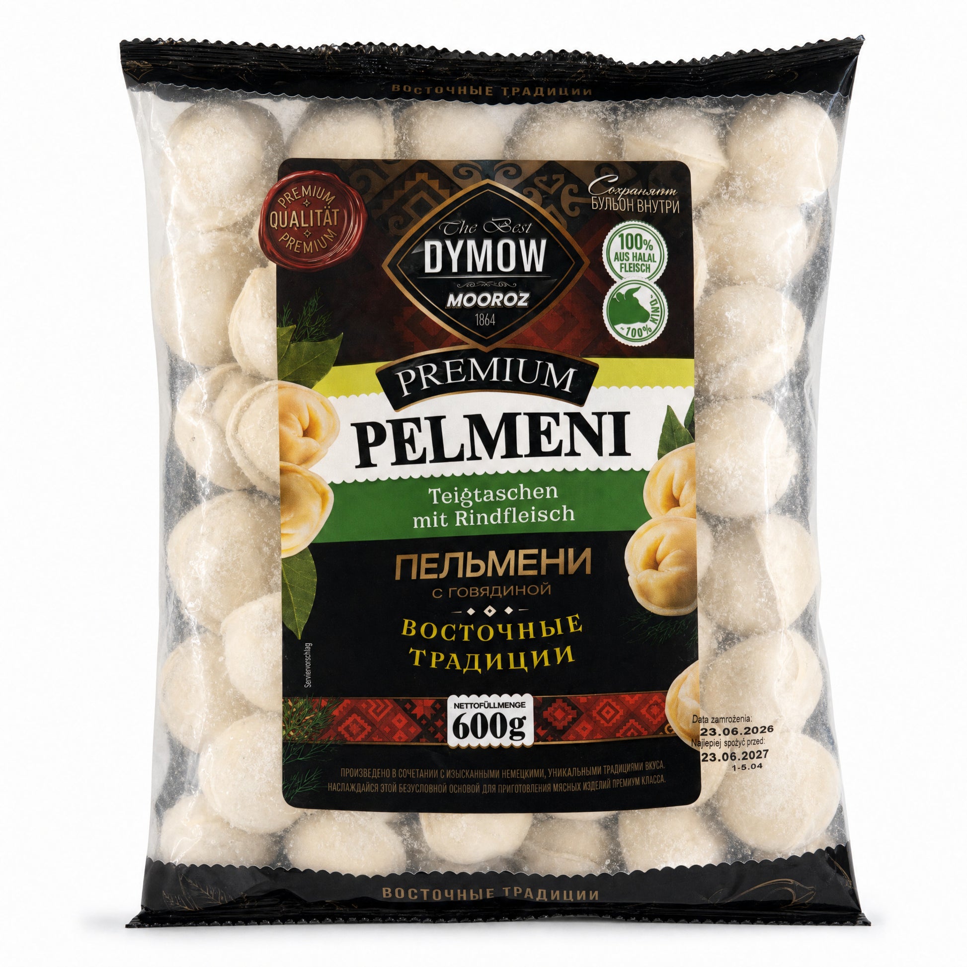 Packung Dymow Pelmeni Premium mit Rindfleisch, 600 g, tiefgefroren